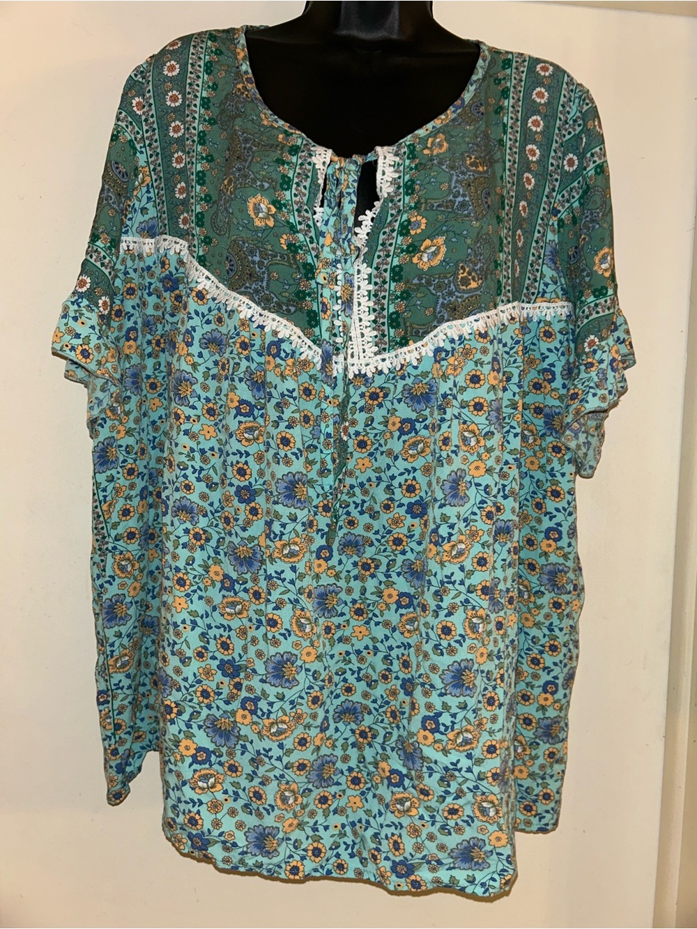 Bohemian Floral Split-Neck Blouse in Teal and Green